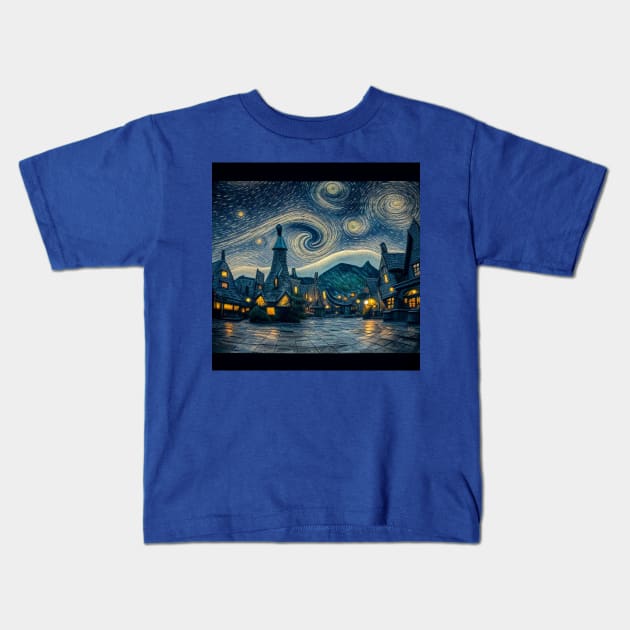 Starry Night Over Hogsmeade Village Kids T-Shirt by Grassroots Green